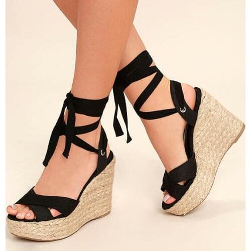 Carpaton Blace Lace-up Espadrille Wedge Sandals Summer Peep Toe Platform Shoes Sexy Cutouts Platform Sandals Black