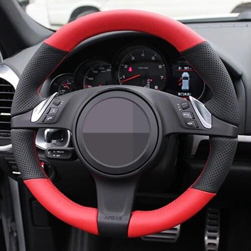Car Steering Wheel Cover Hand-Stitched Black Genuine Leather For Porsche Cayenne Panamera 2010-2011 Steering Wheel Braid