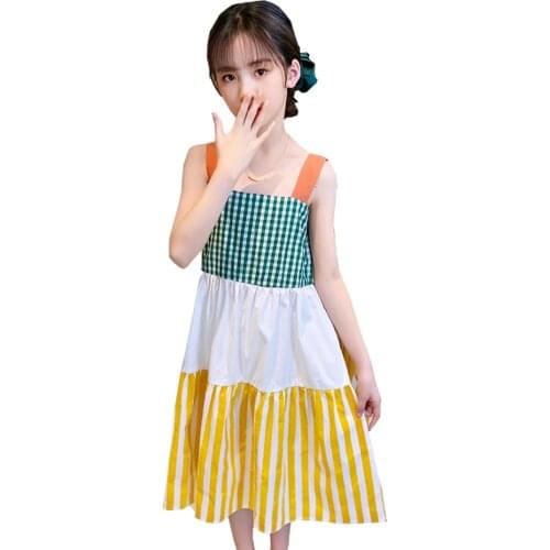 Summer Dresses For Girls Patchwork Dress For Kids Girl Plaid Pattern Children Party Dress Striped Girls Clothes
