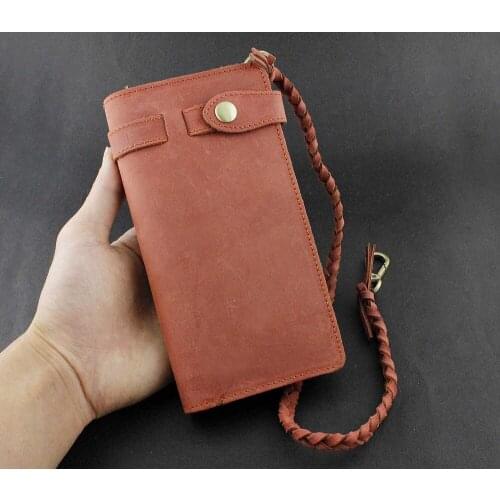 Gunuine Leather Mens Long Wallet Purse W/ Security Anti theft Belt Chain