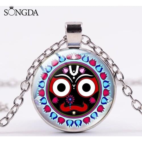 Hindu God Jagannath India Necklace Jewelry Flower Lotus Photo Round Glass Dome Chains Necklace For Women Gift