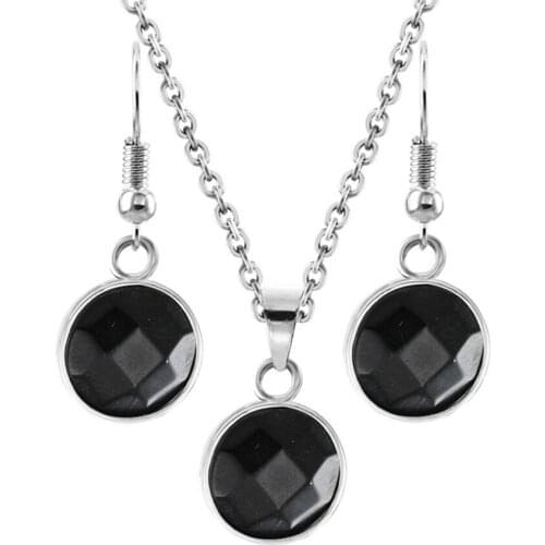 FYSL Silver Plated Round Section Black Agates Pendant Necklace Dangle Earrings for Women Jewelry Set