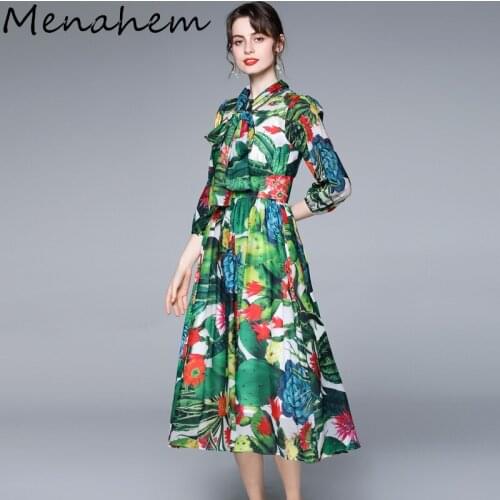 Menahem 2021 Summer Tropical Jungle Vacation Green Floral Chiffon Dress Women Bow Collar Floral Print Pleated Elegant Midi Dress