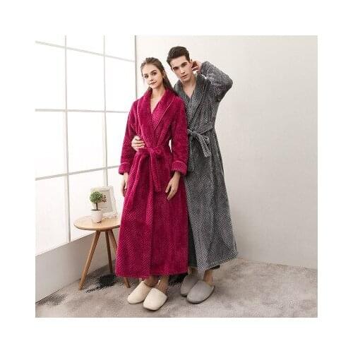Fashion Men and Women Flannel Couple Robe Sleepwear Ankle Length Coat Thicken Warm Bathrobe Plus Size Night Robe Kimono Homewear