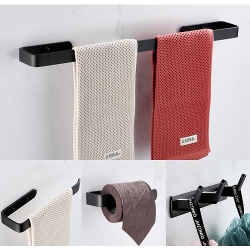 Bathroom Hardware Set-4 Piece Black Robe Hook Towel Rail Bar Rack Shelf Tissue Paper Holder Bathroom Accessories Free Drilling