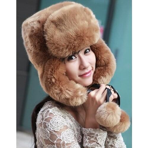 New Winter Earflap Cap Hat For Women Men Faux Fur Bomber Hat Outdoor Russian Hat Faux Rex Rabbit Fur Hat