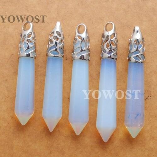 Wholesale 5pcs Opal Stone Reiki Healing Pendulum Hexagonal Pointed Reiki Natural Stone Pillar Charm Pendants for Necklace IN3006