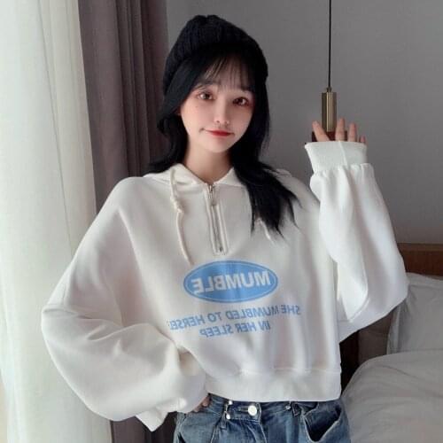 Autumn 2020 New Korean Letter Print Thin Long Sleeve Sweatshirt Womens Short Hoodie Fashion Sudadera Mujer Wn