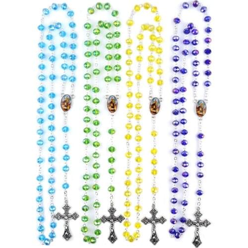 Religious Faceted Crystal 6x8mm Flat Beads Catholic Cross Rosary Necklace