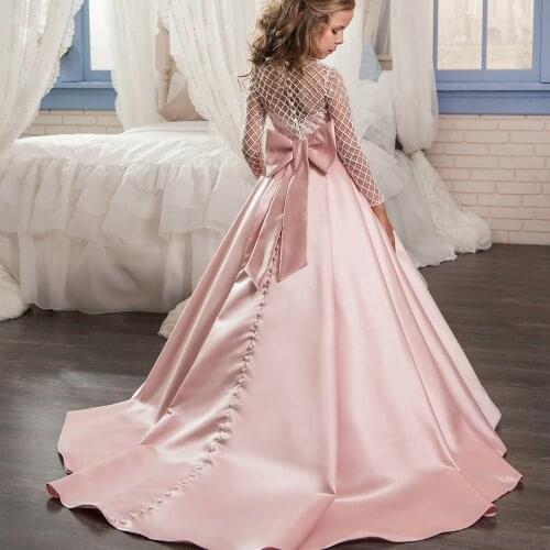 Pink Satin Lace Ball Gown Flower Girl Dresses Long Sleeve Satin Bow Girl Princess Dress Illusion Girl Wedding Party Dress