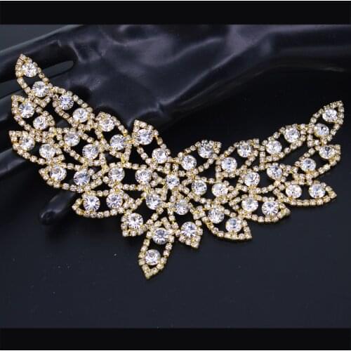 DIY Neckline Bodice Belt Wedding Bridal Prom Dress Gold Rhinestone Applique with Crystal Trim 3D Flatback Patches