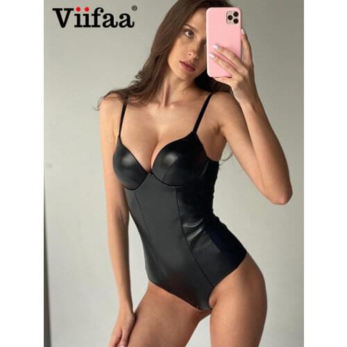Viifaa Sexy V-Neck PU Leather Black Bodysuit Sleeveless Spaghetti Strap Sexy Tops Women 2021 Summer Skinny Bodysuits Top
