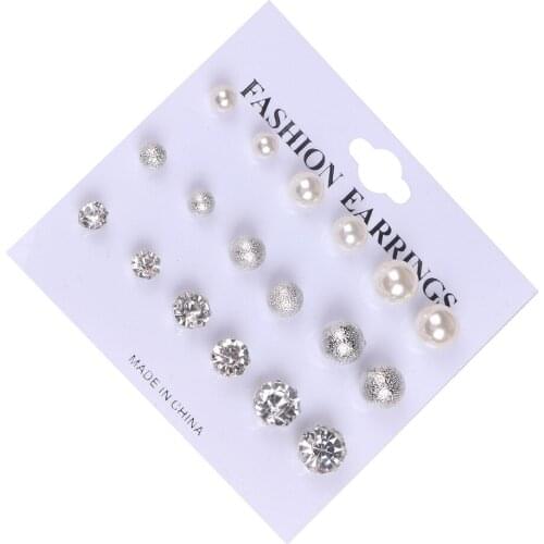 9 Pairs/Set Simulated Pearl Crystal Round Ball Stud Earrings Hot Selling Small Pierced Earrings Set For Women Brincos Bijoux