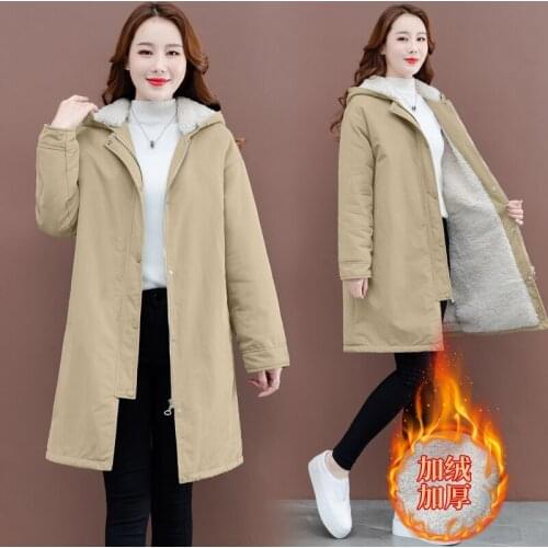 Tooling Cotton clothing female 2020 Autumn Winter New Plus velvet lambswool trench coats hooded long Outerwear Large size women