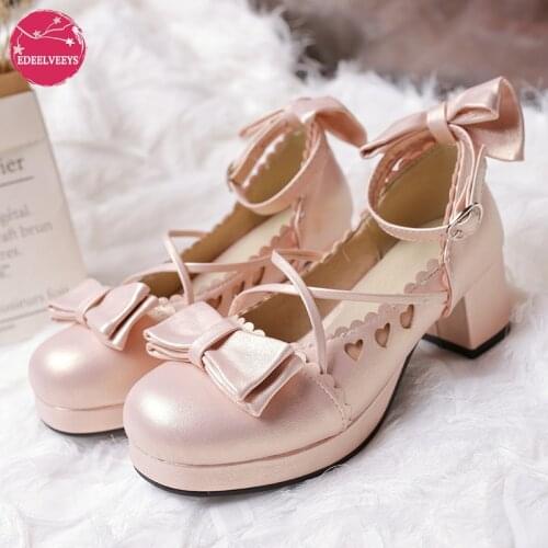 Women Mary Janes Pumps Cute Bowtie Princess Lolita Shoes High Heel Bowknot Dress Shoes For Girls School Gold Party Wedding Japan