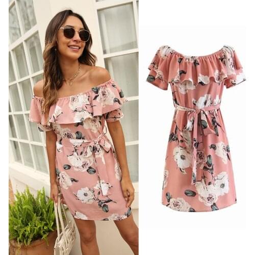 Women Vintage Floral Print Sashes Ruffles Dress Za Fashion 2021 Short Sleeve Slash Neck Mini Dress Summer Chic Mujer Vestidos