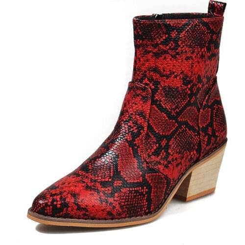 Women Ankle Boots Retro Riding Equestr Shoes Boots Artificial Leather Winter Warm Shoes High Heel Big 43 Embroidery Snake