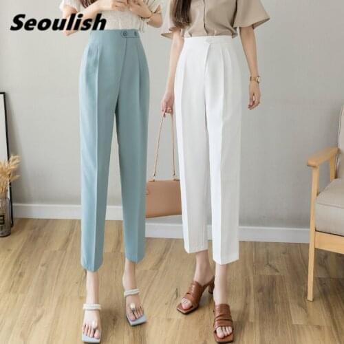 Seoulish New 2021 Korean OL Style Womens Formal Harem Pants High Waist Elegant Office Lady Button Ankle-Length Pants Pockets