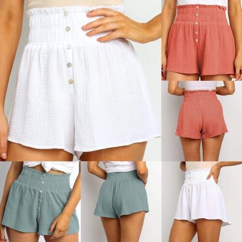 Womens Summer Fashion Solid Color Cotton Blends Shorts With Button Loose Casual Shorts High Waist Elegant Shorts For Female