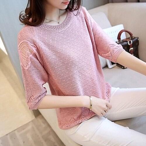 2019 Spring Korean Version of The Loose Thin Womens Lace Rweater Round Neck Sleeves Bottoming Shirt Wild Pullover Sweater
