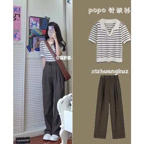 Summer new Korean short height suit womens fashion foreign style knitted short sleeve wide leg suit pants two piece set