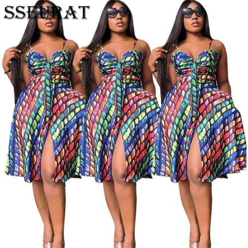 SSEURAT New Spaghetti Strap V-neck Fit and Flare Splited Dresses Sexy Elegant Female Print Clothing Summer Outfit