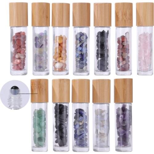 10Pcs 10ml Natural Gemstone Essential Oil Roller Bottles Perfume Roll On Bottle with Crystal Chip Glass Empty Refillable Bottle