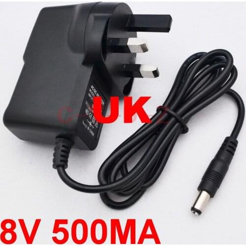 100PCS High quality 8V 500mA AC 100V-240V Converter Switching power adapter DC 0.5A Supply UK Plug DC 5.5mm x2.1mm