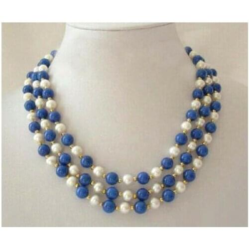 3 Rows 7-8mm Real White Pearl Lapis Lazuli Clasp Women Girl Party Necklace