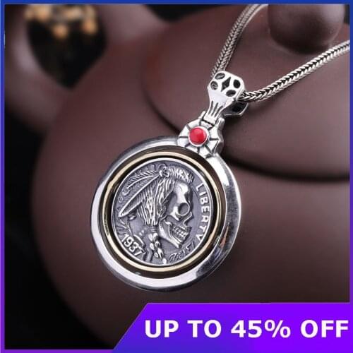 925 Sterling Silver Skull Pendants Men Rotatable Vintage Punk Style Engraved Indian Head Inlaid Natural Onyx Red Stone Pendant