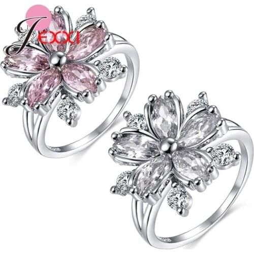 New Arrival 925 Sterling Silver Cute Flower Crystal Rings For Women Girls Wedding Engagement Valentines Day Gift Wholesale