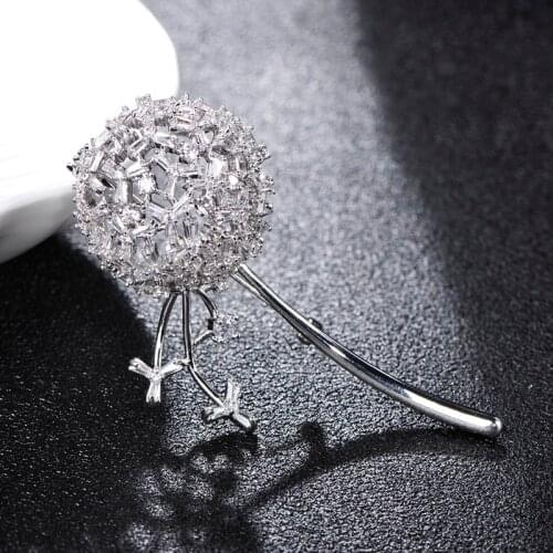 FUNMOR Sparkling CZ Zircon Hollow Dandelion Shape Brooch Silver Color Wedding Plant Brooches For Women Girls Banquet Pin Jewelry