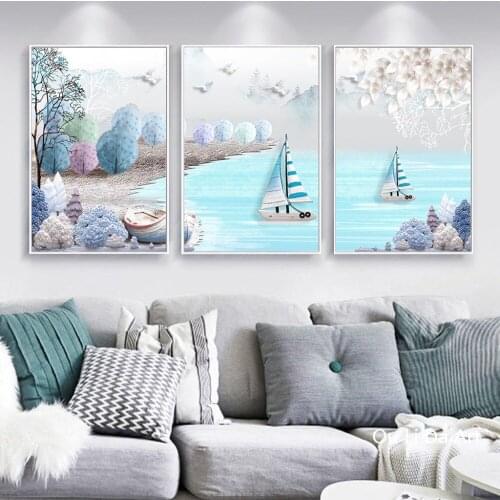 No frame 3pcs Mediterranean Sea boat canvas printings oil painting printed on canvas modern home wall art decoration picture