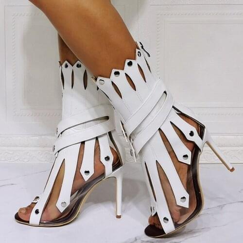 White Fringe Peep Toe Ankle Boots for Lady Dress Shoes High Heel Short Booty Women Rivets Big Size 47 Back Zipper