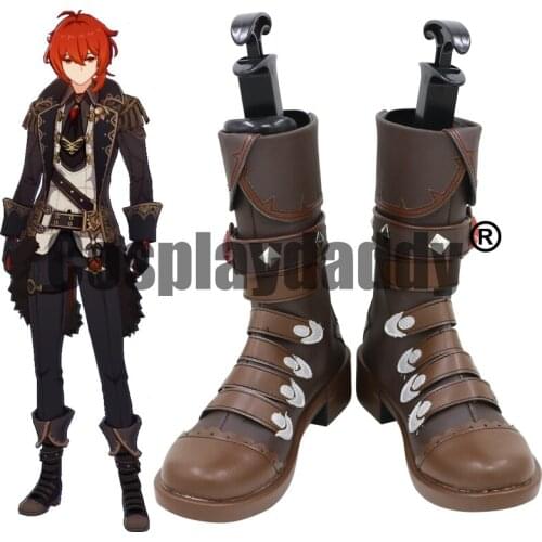 Genshin Impact Mondstadt The Dark Side of Dawn Winery Pyro Diluc Ragnvindr Cosplay Brown Shoes Strap Boots C006