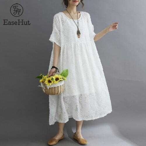 EaseHut Women Floral Lace Dress Elegant Mid-Calf Loose O-Neck Short Sleeves Dress Plus Size Dress for Women Black White 2021