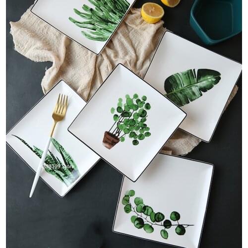 Ceramic Plate Breakfast Plate Household Round Tableware Wholesale Nordic Green Plants Dessert Plate Kitchen Restaurant Supplies