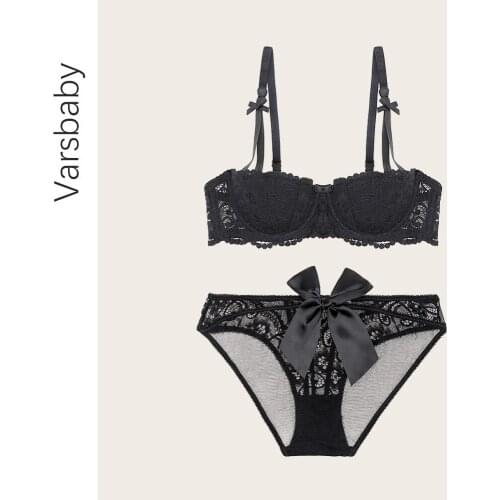 Varsbaby Sexy Lingerie Set Womens Half Cup Underwire Cotton Push Up Lace Bra Big Bow Party See-through Panties