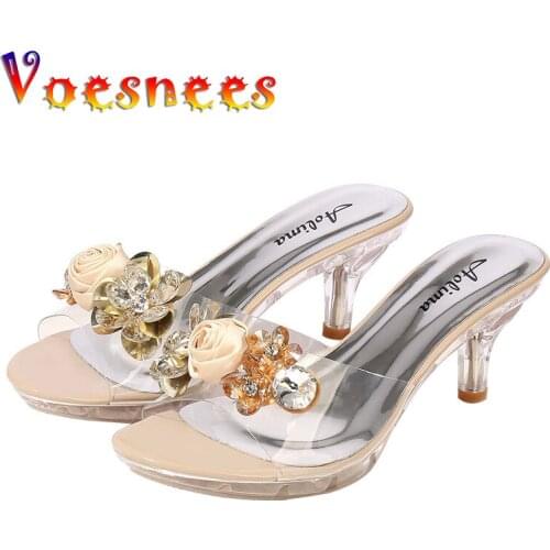 Voesnees Summer Women Slippers Clear Heel Crystal Flowers 6.5 CM High Heels Mules Slides Lady Transparent Slippers Jelly Shoes
