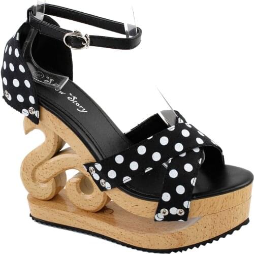 LF30834 Red/Black White Polka Dot Ankle Strap Wooden Wedges Platform Clogs Party Sandals