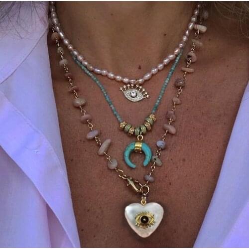 Handmade natural stone chunky chain with love pearl heart pendant evil eye charm necklaces for women boho jewelry bijoux choker