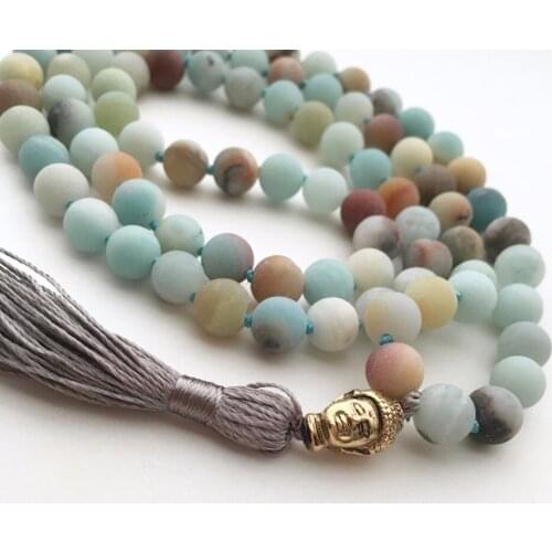 Matte Amazonite Mala 108 Bead Malas Hand Knotted Necklace Buddhist Necklaces Prayer Necklace Meditation Jewelry Hand Knotted