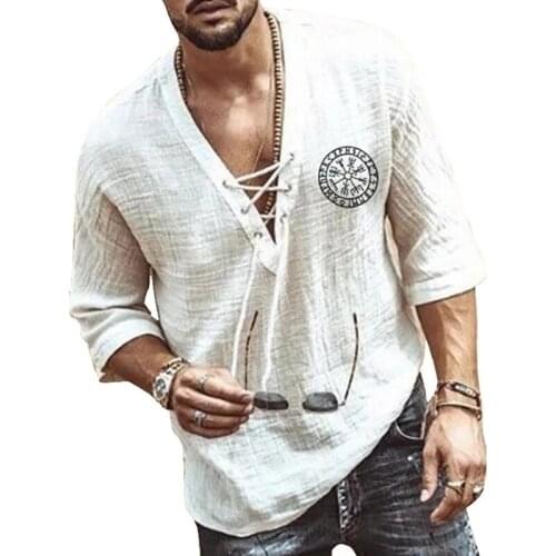 Renaissance Viking Pirate Medieval Cosplay Halloween Costume Men Shirt V Neck Lace Up Vintage Shirt Half Sleeve Linen Blouse Top