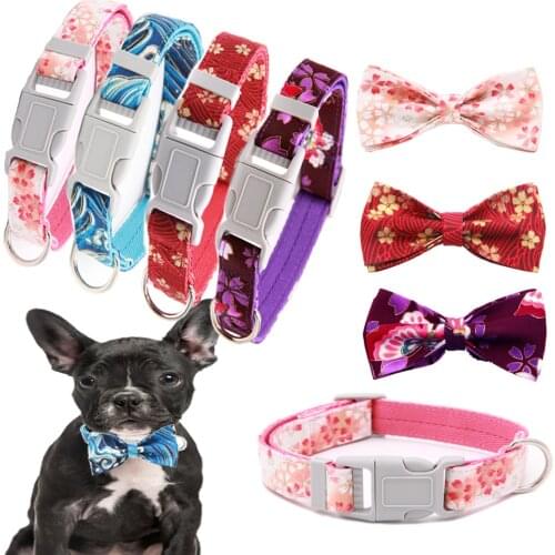 Nylon Printed Dog Collar Adjustable With Cute Bow Tie Pet French Bulldog Pitbull Dog Collars For Medium Large Dogs Beagle