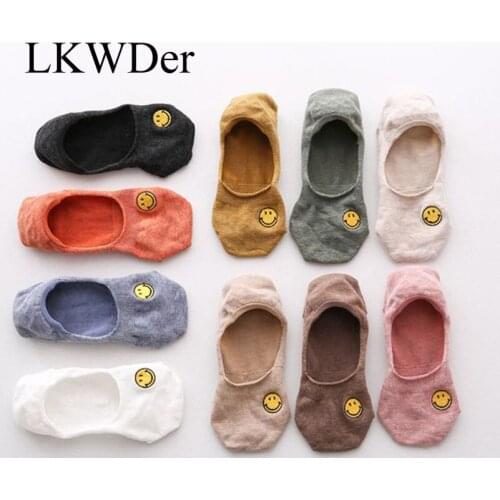 LKWDer 5 Pairs Womens Socks 10 Color Cotton Smiling Face Embroidery Socks Summer Autumn Invisible Silicone Anti-skid Female Sock