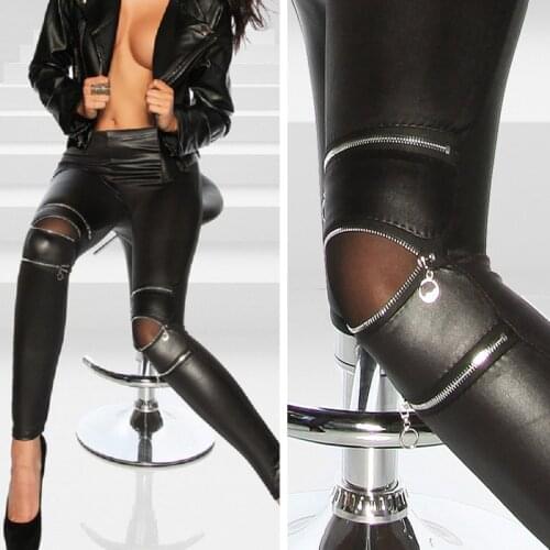 New Sexy Women Pants PU Leather Stretch Skinny Zipper Knee Casual Legging Pants Black