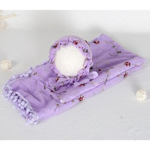 Newborn Purple Lace Bonnet and Wrap Set Baby Girl Swaddle Knit Blanket Newborn Floral Bonnet Baby Photography Props Layer Fabric