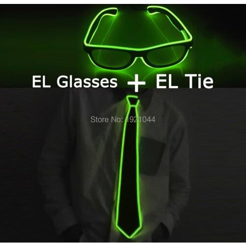 New Design EL Product Set EL Glowing Glasses + EL Luminous Tie Fashion Cool LED Light up Glasses Night Club Costume Props
