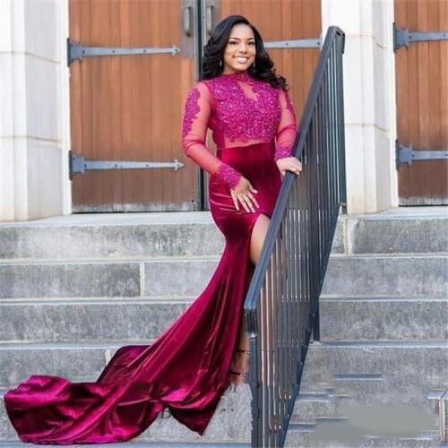 2020 African Black Girls Mermaid Plus Size Velvet Evening Dresses High Neck Long Sleeve Lace Appliques Sexy Front Slit Formal