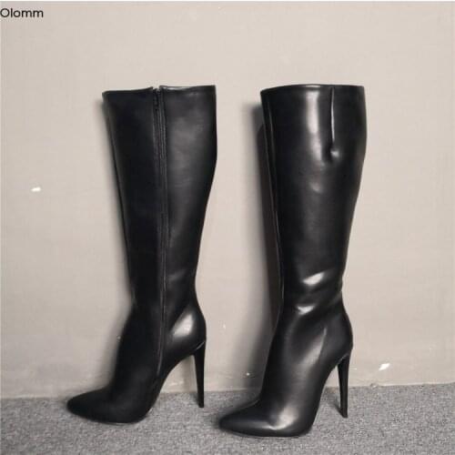 Olomm New Fashion Women Winter Knee High Boots Sexy Thin High Heels Boots Pointed Toe Black Casual Shoes Women Plus US Size 5-15